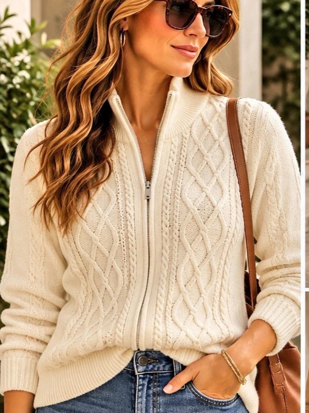 Talbots M Ivory Cable Knit Lambswool Blend Full Zip Sweater Cardigan